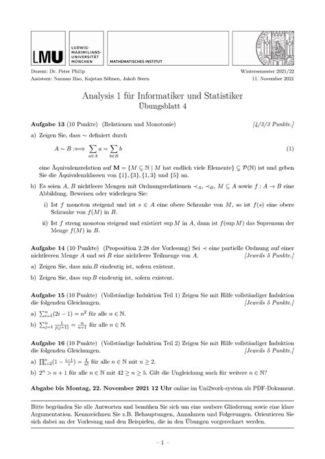 Übungsblatt Nummer 4 Analysis für Informatiker und Statistiker LMU