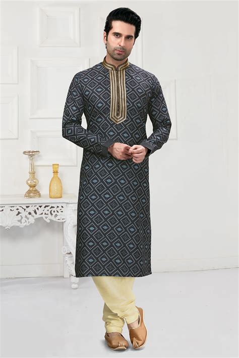 Printed Cotton Kurta Set In Navy Blue Ucchal Fashion