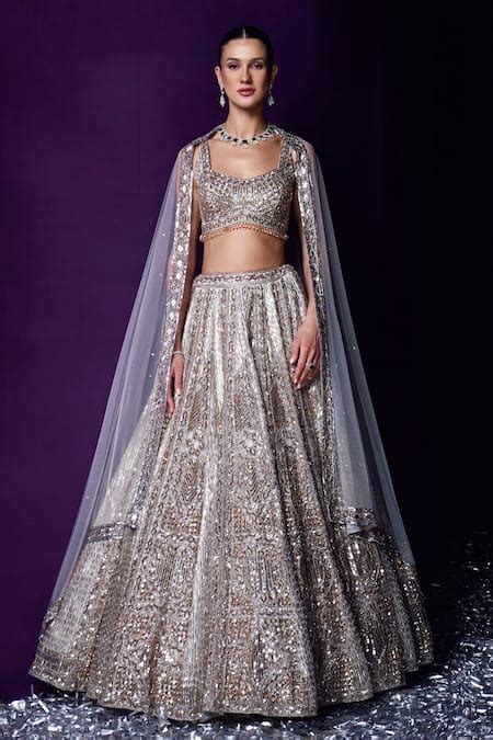 Buy Grey Organza Embroidery Sequin Scoop Neck Lehenga Set For Women By