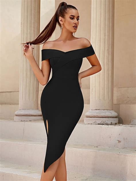 Adyce Off Shoulder Split Thigh Zip Back Cocktail Party Bodycon Bandage