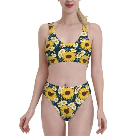 Logiee Sunflowers Print Women S Piece Bikini Set Halter Bathing Suit High Waisted Bikini Sets