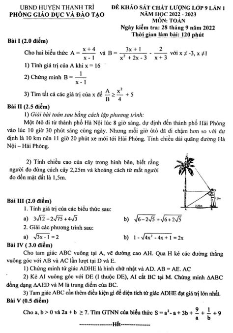 Đề khảo sát Toán 9 lần 1 năm 2022 2023 phòng GD ĐT Thanh Trì Hà Nội