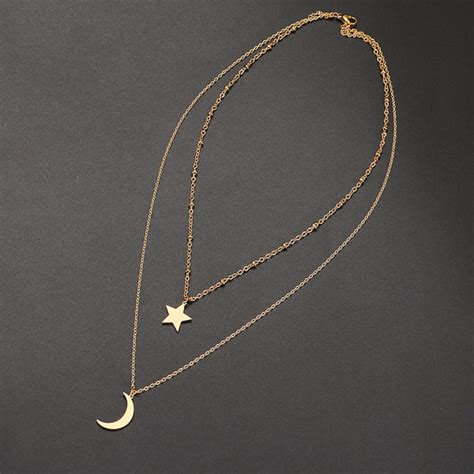 Gold Layered Star And Moon Necklace Classy Women Collection