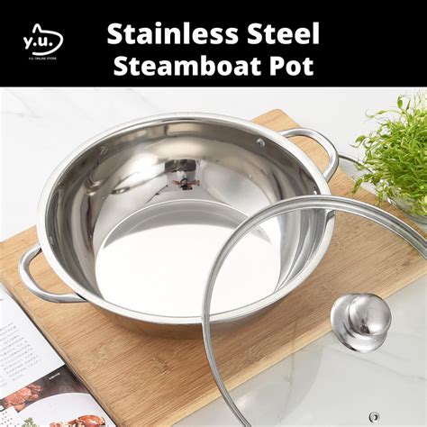 Yu Ready Stock 28cm 30cm Stainless Steel Double Handle Steamboat Pot Hot Pot Steam Bowl