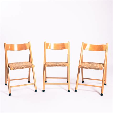 Chaises Pliantes Vintage En Bois Avec Si Ges En Jonc Set De En Vente