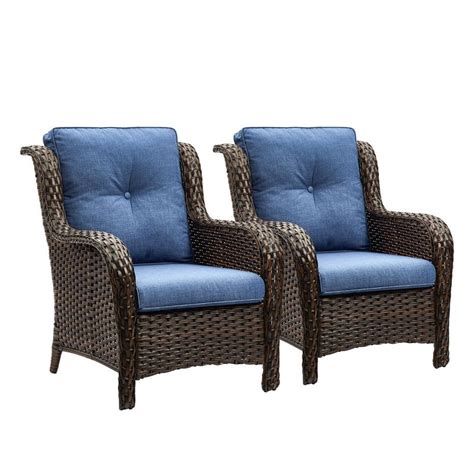 Gymojoy Carolina Brown Wicker Outdoor Lounge Chair With Blue Cushion