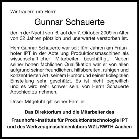 Traueranzeigen Von Gunnar Schauerte Trauer In Nrw De