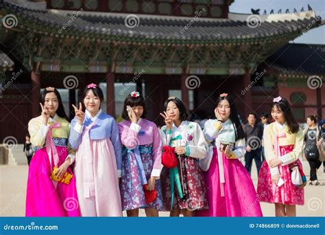 Korean School Girls Wearing Hanbok At Gyeongbokgung Palace Seoul South Korea Editorial Stock