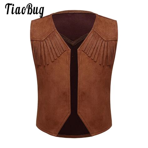 Kids Boys Western Cowboy Vest Dress Up Brown Suede Leather Fringed Hem