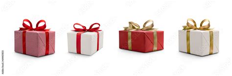 A Collection Of Red And White Gift Wrapped Presents With A Red And Gold