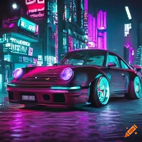 Porsche Carrera Drifting In A Cyberpunk City At Night On Craiyon