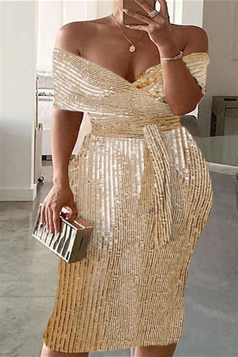 Xpluswear Plus Size Formal Elegant Sequin Off The Shoulder Midi Dresses