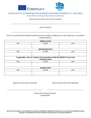 Fillable Online CERTIFICATE OF ATTENDANCE FOR ERASMUS Fax Email