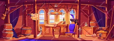 Free Vector Pirate Capitan Ship Cabin Wooden Room Interior