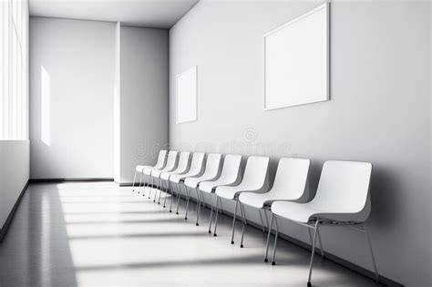 White Sterile Hospital Waiting Room With Empty White Chairs Stock