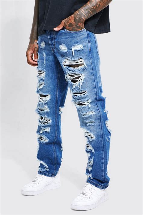 Relaxed Rigid Extreme Rip Jeans Boohoo Uk