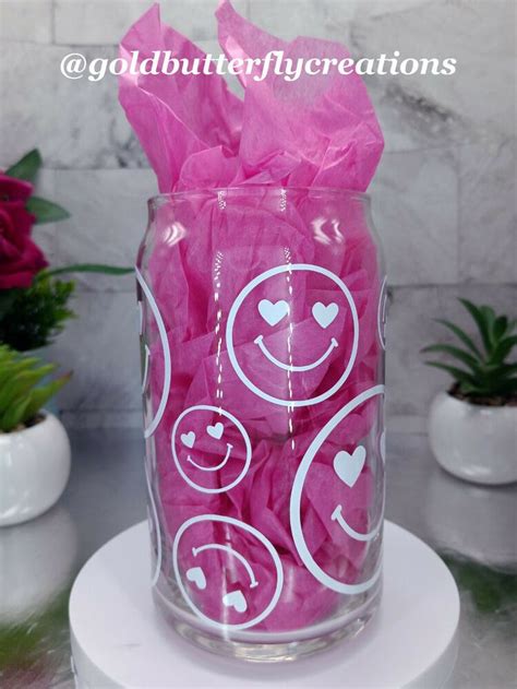 Libbey 209 Smiley Faces Hearts Beer Can Glass Cup Wrap All Around