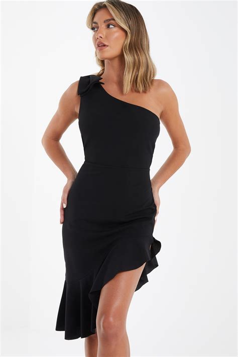 Quiz One Shoulder Ruffle Bow Dress In Black Lyst