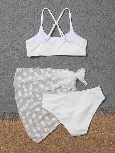 Ensemble bikini à dos croisé uni pour préadolescente et jupe de plage d