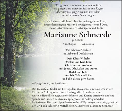 Traueranzeigen Von Marianne Schneede Sh Z Trauer