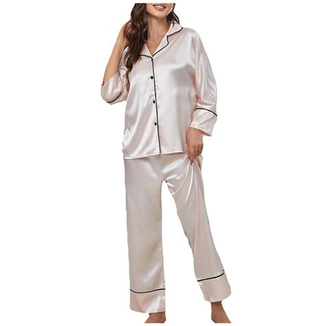 Women Silk Satin Pajamas Set Long Sleeve Lounge Sets Button Down