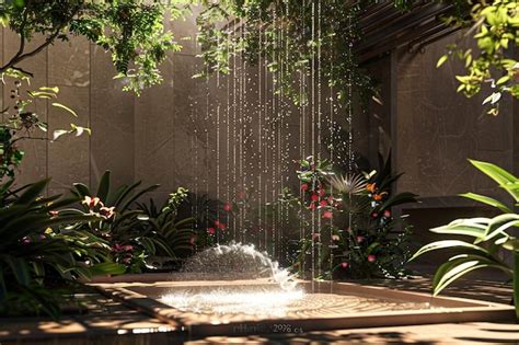 Premium Photo A Tranquil Garden With A Trickling Fountain