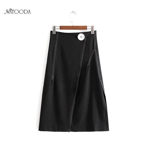 Natooda 2018 Women Elegant Side Slit Button High Waist Black Midi Skirt