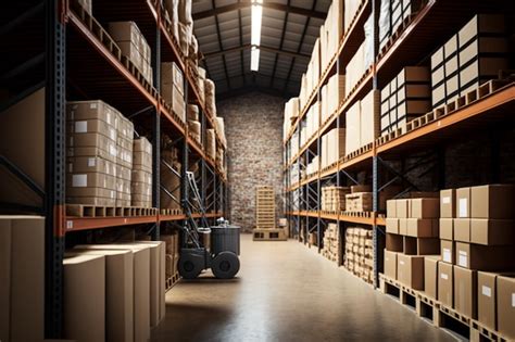 Premium AI Image | A warehouse with boxes on the shelves and a cart in ...