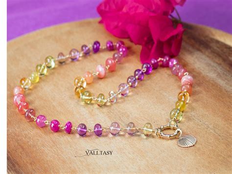 Solid Gold 14k Multi Gemstone Necklace Wire Wrapped In Gold Gemmy Necklace Valltasy