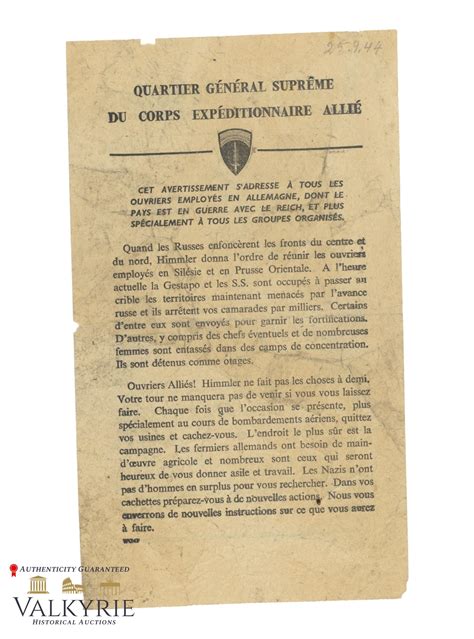 Bid Now Leaflet Printed By Allied Expeditionary Forces Supreme Headquarters For Foreign Workers