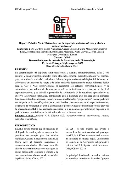 Reporte práctica No 6 Biotecnología Reporte Práctica No 6