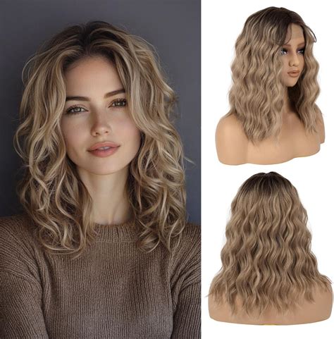 Amazon Short Ombre Highlight Honey Blonde Wavy Bob Wig With Curtain Bangs Short Ombre