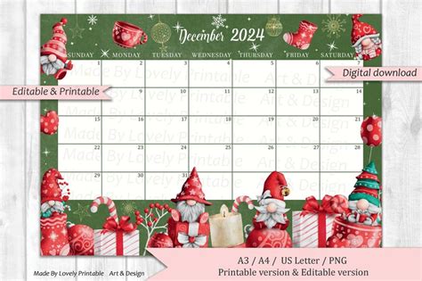 Editable December Calendar Joyful Merry Christmas Printable