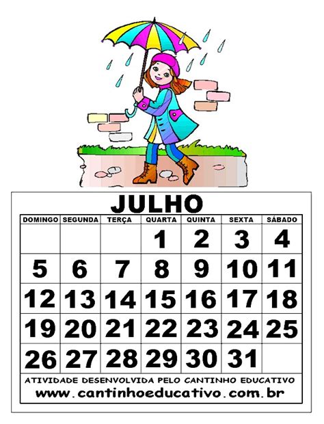 CALENDÁRIOS 2020 COLORIDO JULHO CANTINHO EDUCATIVO