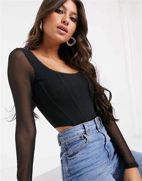 Asos Design Seamed Corset Top With Trim And Mesh Long Sleeves In Black