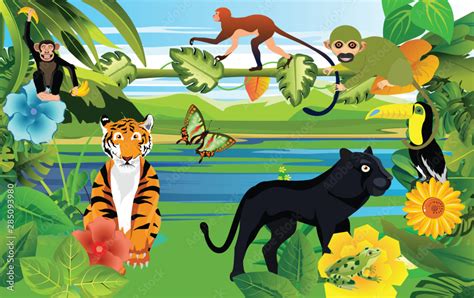 Cartoon animals on jungle background, tiger, panther, monkeys, birds ...