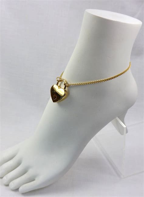 Gold Heart Lock Anklet Bdsm Jewelrygift For Her Submissive Ankle