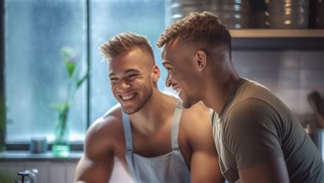 Feliz Y Sexy Pareja Gay Joven Cocinando Comida Juntos En Casa Foto Premium