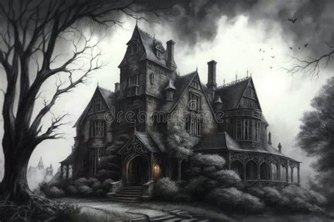 Pencil Drawing of Gothic House Surrounded by Misty Woods, with Ominous Clouds Overhead Stock ...