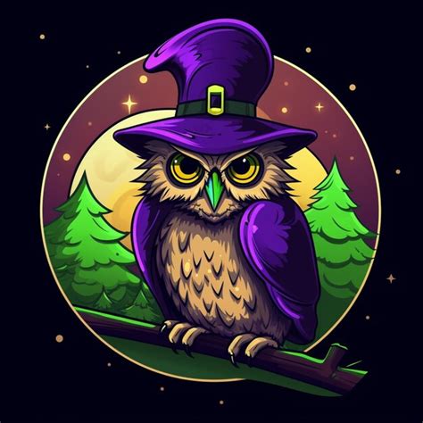 Premium Photo Cartoon Owl Wearing A Witch Hat Sitting On A Branch