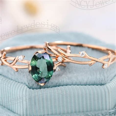 Vintage Teal Sapphire Engagement Ring Set Blue Green Sapphire Etsy