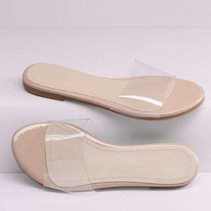 Wild Diva Shoes New Nude Open Toe Clear Transparent Band Flat Slide Sandals Flip Flops