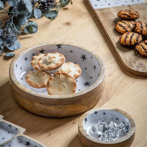 White Glossy Star Print And Mango Wood Nibbles Bowl