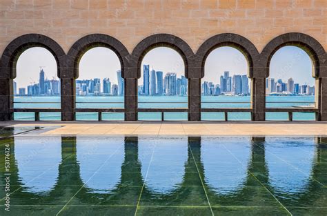 doha skyline   arches   museum  islamic art  stock