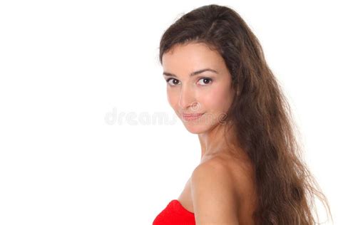 De Mooie Brunette Kijkt Over Haar Schouder Stock Afbeelding Image Of Vrij Meisje