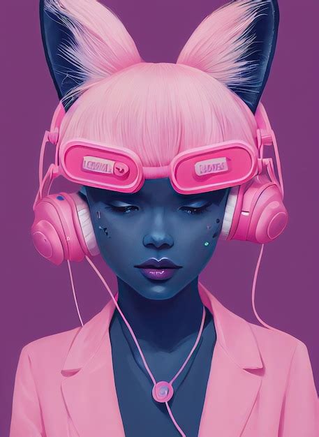 Premium Photo Cute Anime Girl Looking As Cat Wearing Earphones Pink Cat With Headphones