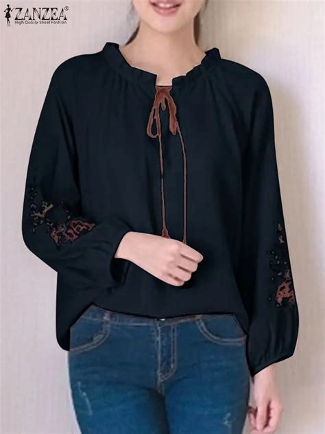 Zanzea Women Long Lantern Sleeve Shirt Casual Blouse Round Neck Bandage