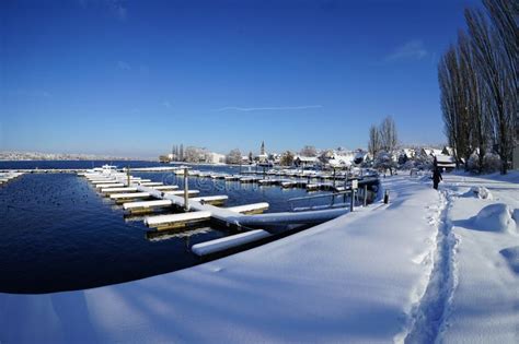 Snow Covered Marina Of Steckborn In Switzerland Stock Image Image Of