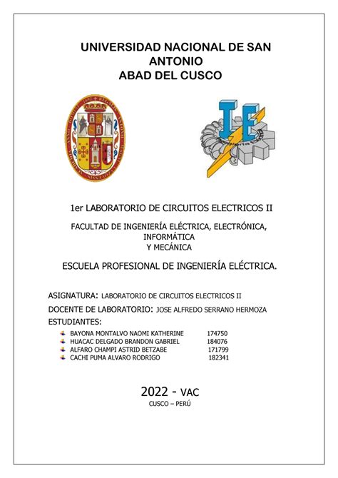 Laboratorio N1 Circuitos II Circuitos Electricos UNSAAC Studocu