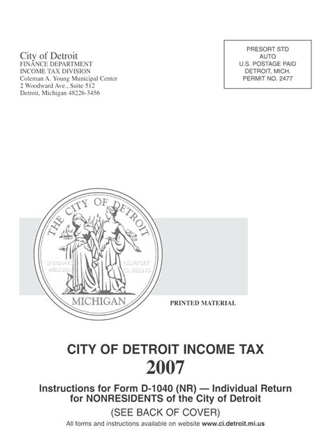 City Of Detroit Income Tax Form D 1040 Nr 2007 Fill Out And Sign Online